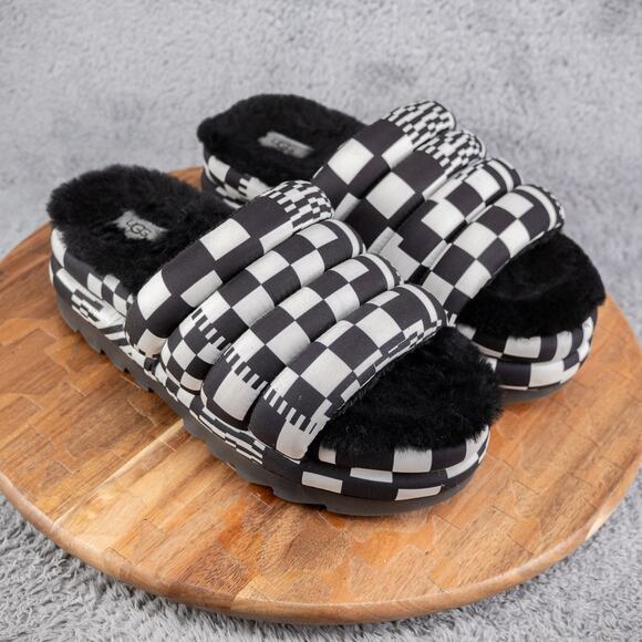 UGG Shoes Womens 9 Multicolor MAXI CHECKS SLIDE Chunky Fur Hippie 1130842 - Picture 1 of 6